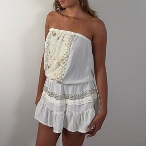 White Strapless Romper with Embellishments